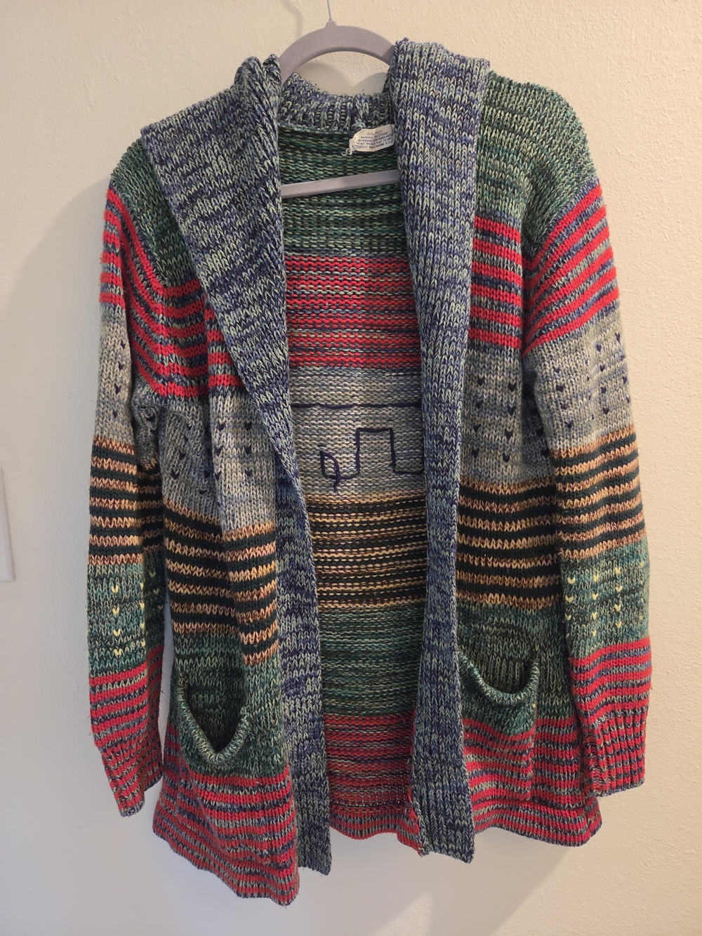 1970s Vintage Multi-Color Striped Open Front Hooded Sweater Cardigan